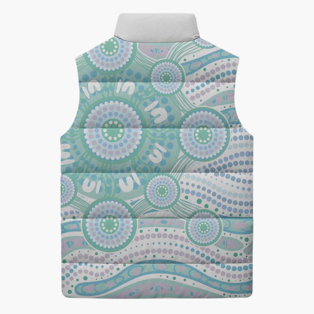 Australian Indigenous Aboriginal Art Sleeveless Puffer Jacket Vivid Pastel Teal Green