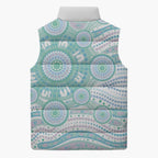 Australian Indigenous Aboriginal Art Sleeveless Puffer Jacket Vivid Pastel Teal Green
