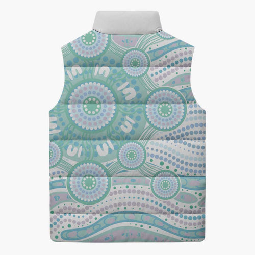 Australian Indigenous Aboriginal Art Sleeveless Puffer Jacket Vivid Pastel Teal Green