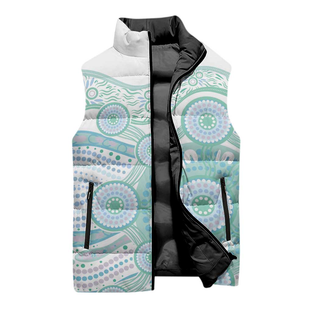 Australian Indigenous Aboriginal Art Sleeveless Puffer Jacket Vivid Pastel Teal Green
