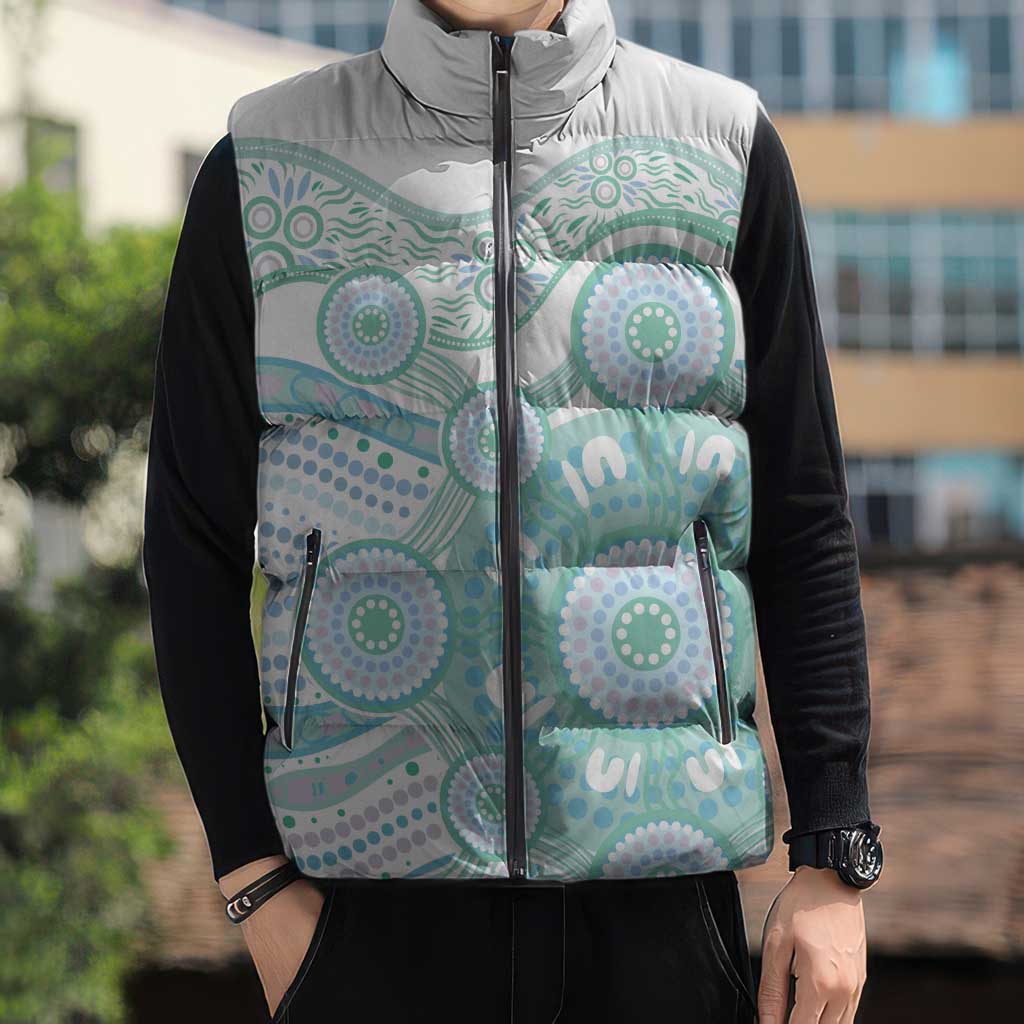 Australian Indigenous Aboriginal Art Sleeveless Puffer Jacket Vivid Pastel Teal Green