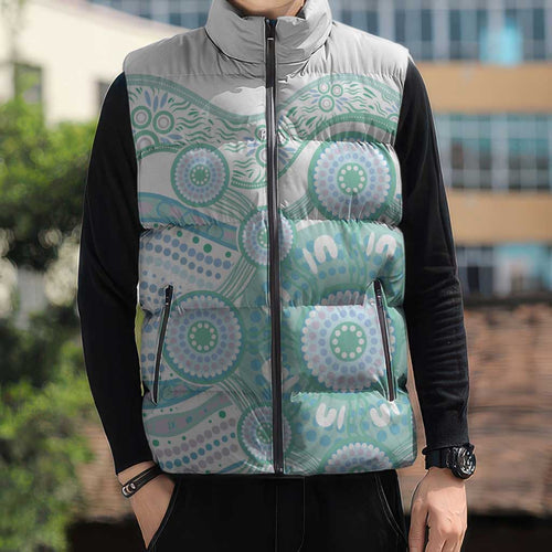 Australian Indigenous Aboriginal Art Sleeveless Puffer Jacket Vivid Pastel Teal Green