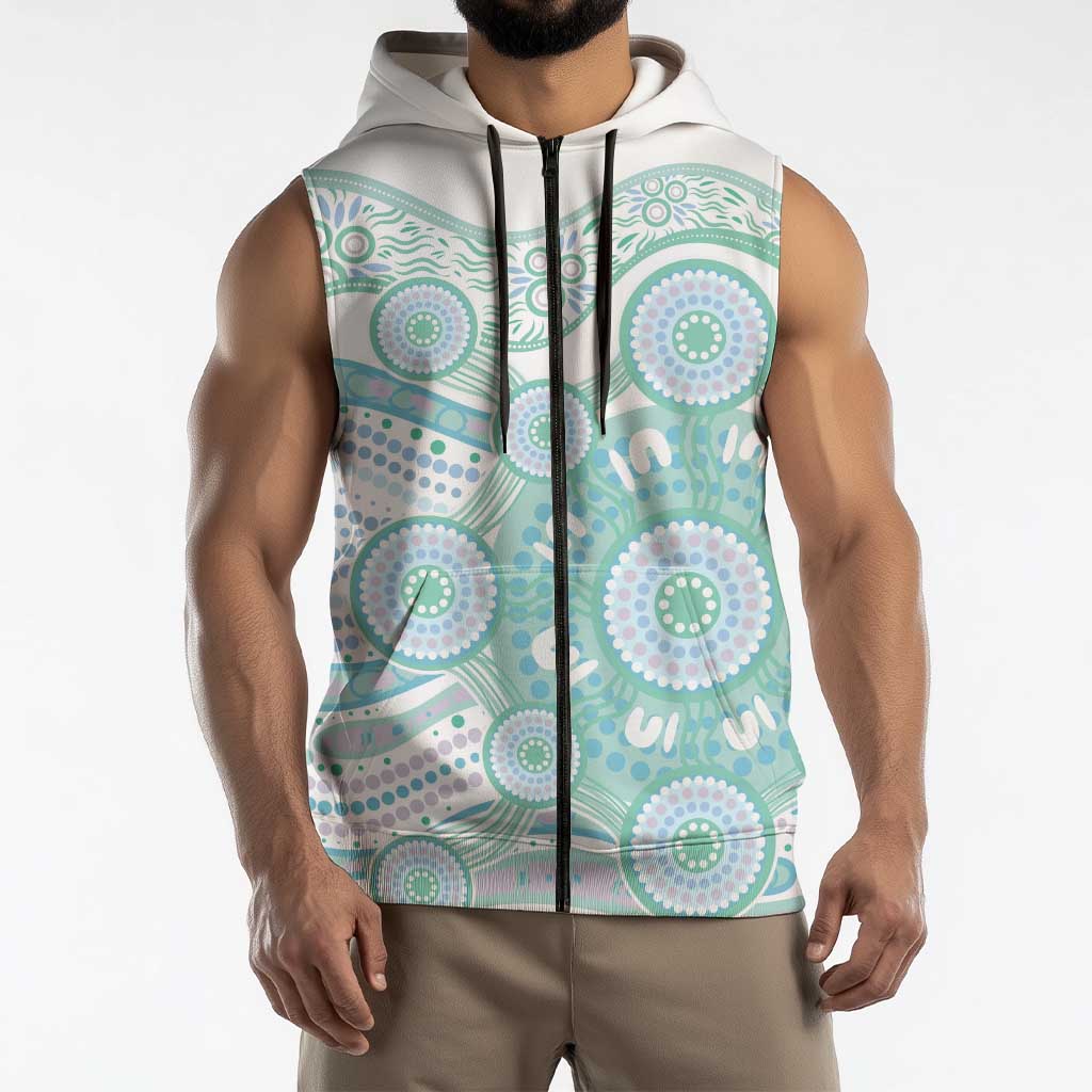 Australian Indigenous Aboriginal Art Sleeveless Zip Hoodie Vivid Pastel Teal Green