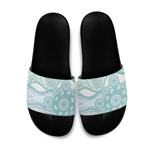 Australian Indigenous Aboriginal Art Slide Sandals Vivid Pastel Teal Green