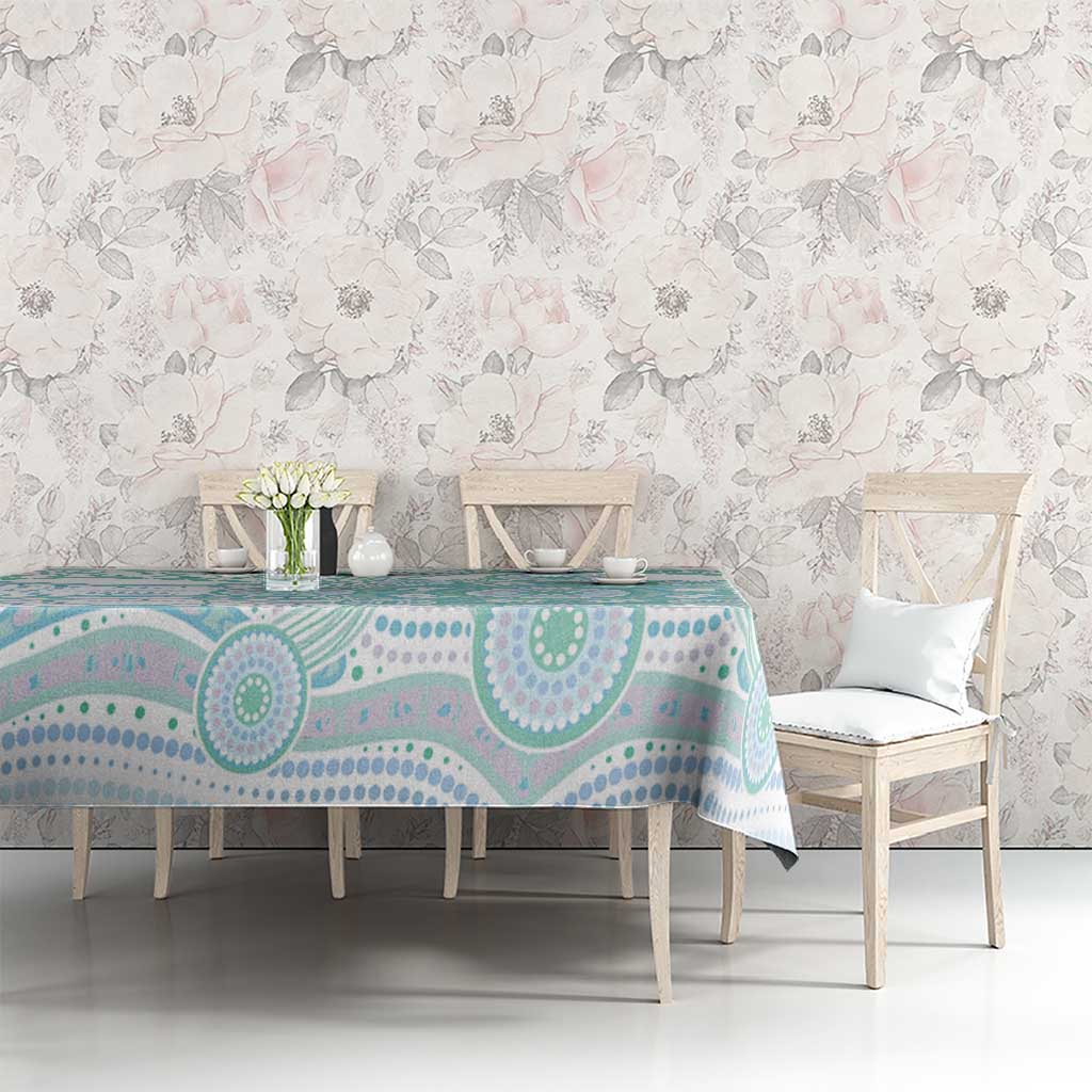 Australian Indigenous Aboriginal Art Tablecloth Vivid Pastel Teal Green
