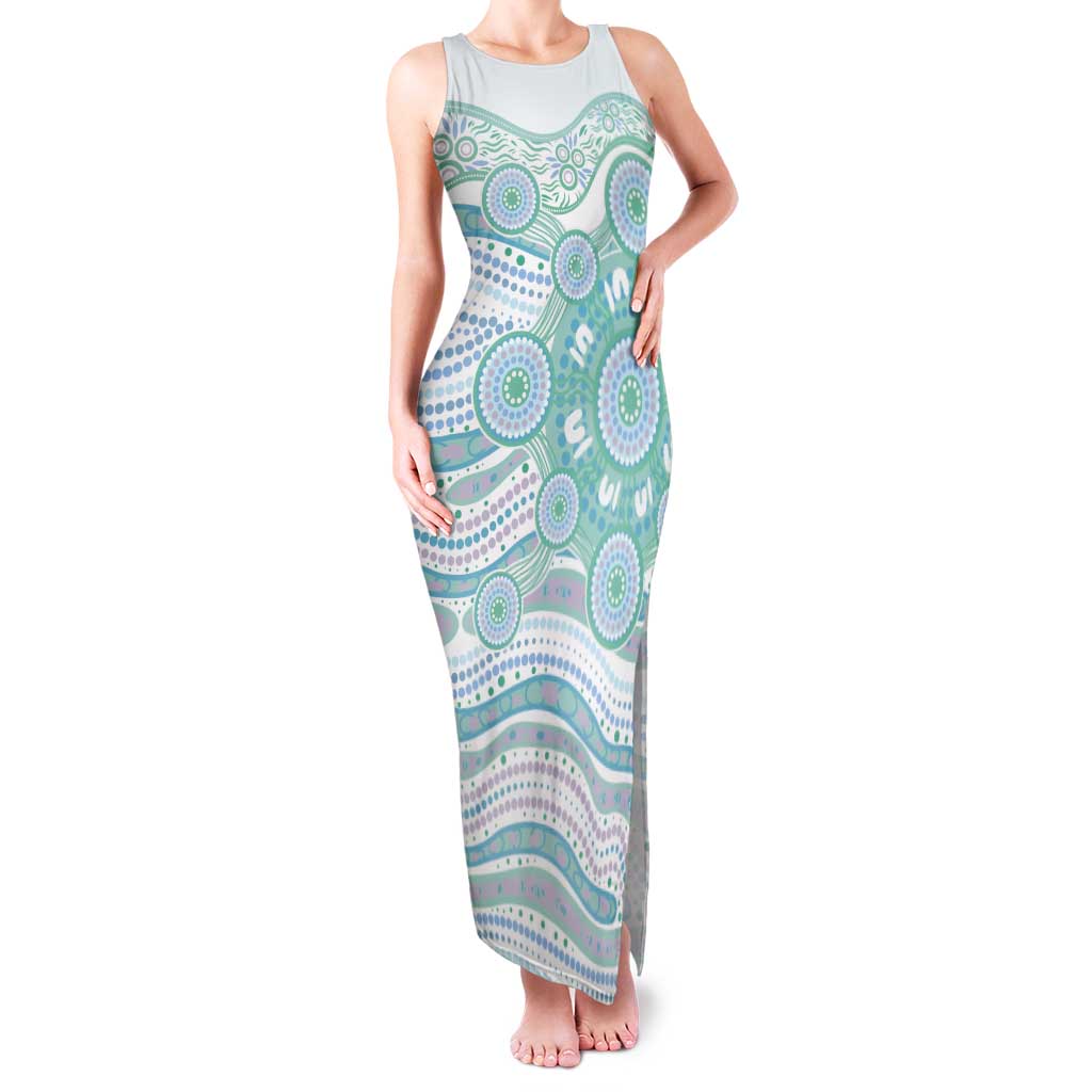 Australian Indigenous Aboriginal Art Tank Maxi Dress Vivid Pastel Teal Green