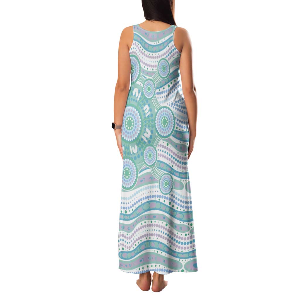 Australian Indigenous Aboriginal Art Tank Maxi Dress Vivid Pastel Teal Green