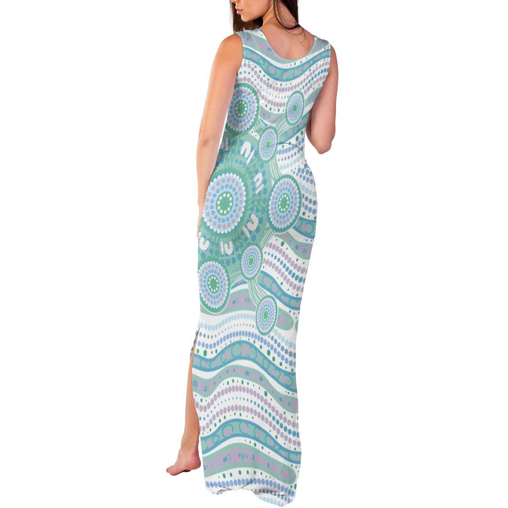 Australian Indigenous Aboriginal Art Tank Maxi Dress Vivid Pastel Teal Green