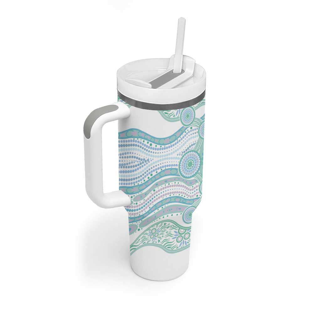 Australian Indigenous Aboriginal Art Tumbler With Handle Vivid Pastel Teal Green