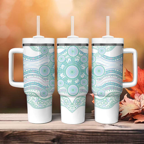 Australian Indigenous Aboriginal Art Tumbler With Handle Vivid Pastel Teal Green