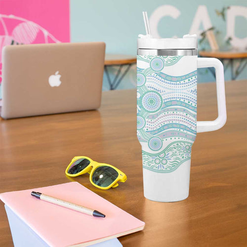 Australian Indigenous Aboriginal Art Tumbler With Handle Vivid Pastel Teal Green