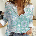 Australian Indigenous Aboriginal Art Women Casual Shirt Vivid Pastel Teal Green