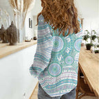 Australian Indigenous Aboriginal Art Women Casual Shirt Vivid Pastel Teal Green