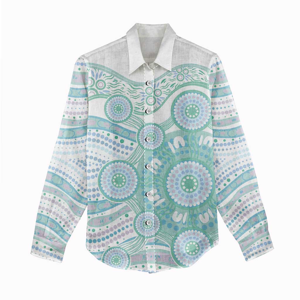 Australian Indigenous Aboriginal Art Women Casual Shirt Vivid Pastel Teal Green