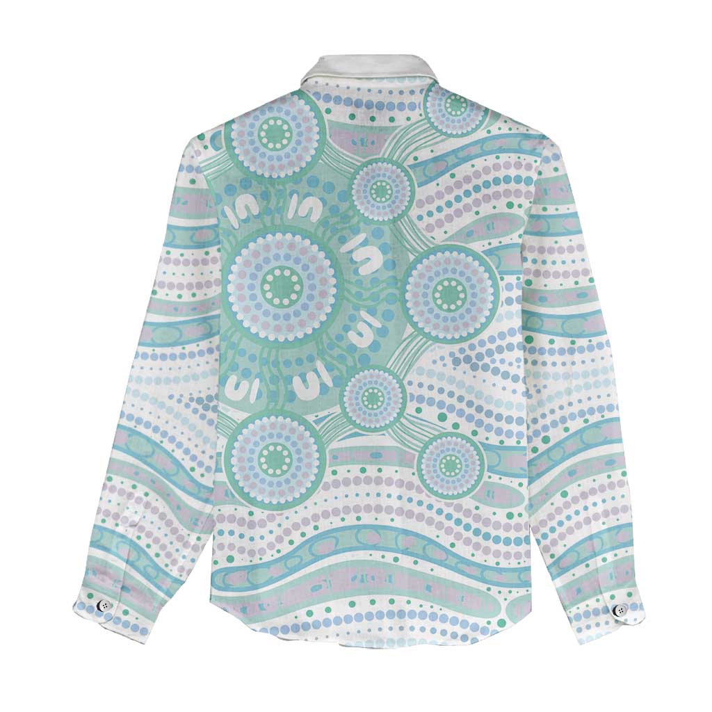 Australian Indigenous Aboriginal Art Women Casual Shirt Vivid Pastel Teal Green