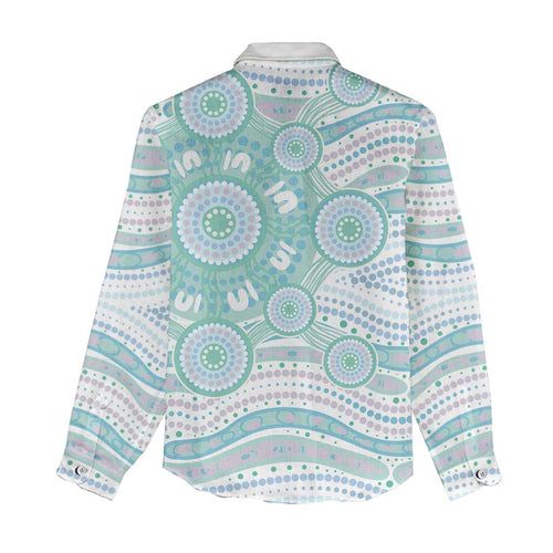 Australian Indigenous Aboriginal Art Women Casual Shirt Vivid Pastel Teal Green