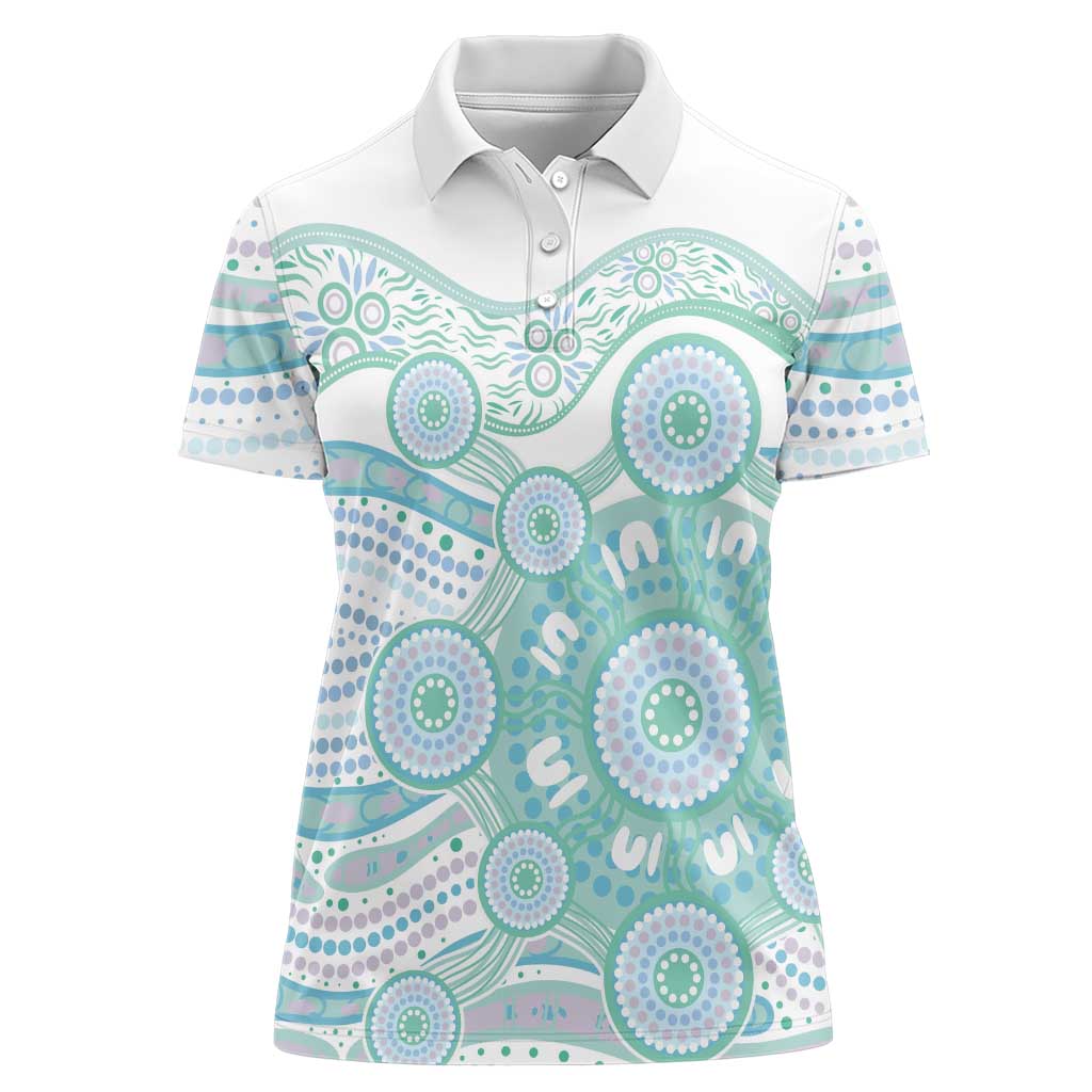 Australian Indigenous Aboriginal Art Women Polo Shirt Vivid Pastel Teal Green