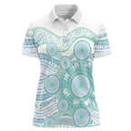 Australian Indigenous Aboriginal Art Women Polo Shirt Vivid Pastel Teal Green