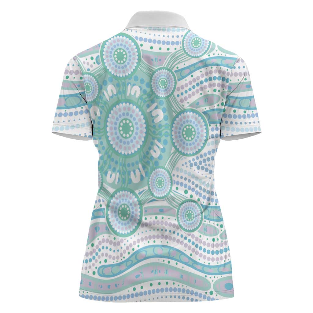 Australian Indigenous Aboriginal Art Women Polo Shirt Vivid Pastel Teal Green