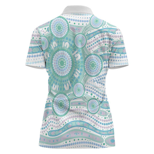 Australian Indigenous Aboriginal Art Women Polo Shirt Vivid Pastel Teal Green