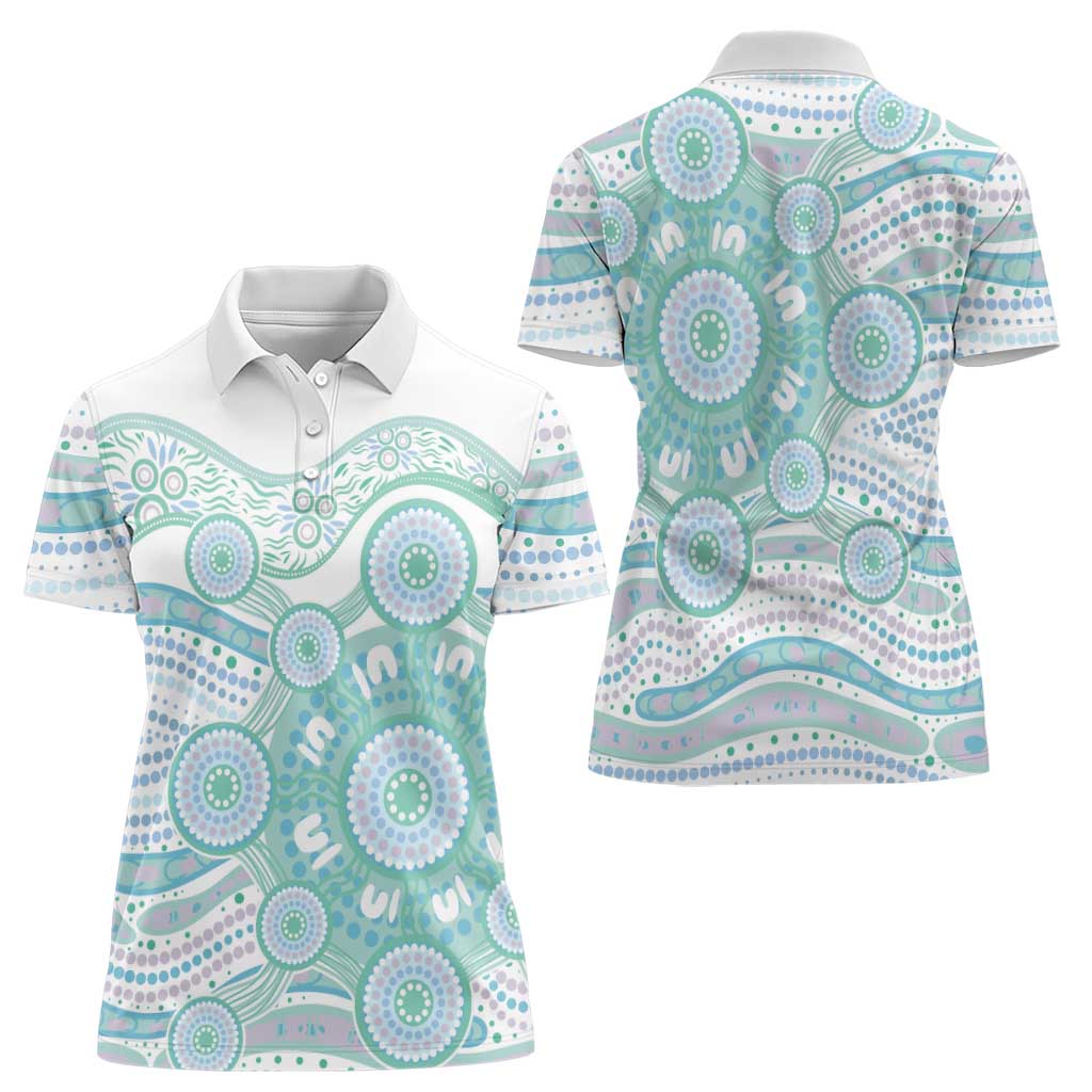 Australian Indigenous Aboriginal Art Women Polo Shirt Vivid Pastel Teal Green