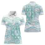 Australian Indigenous Aboriginal Art Women Polo Shirt Vivid Pastel Teal Green