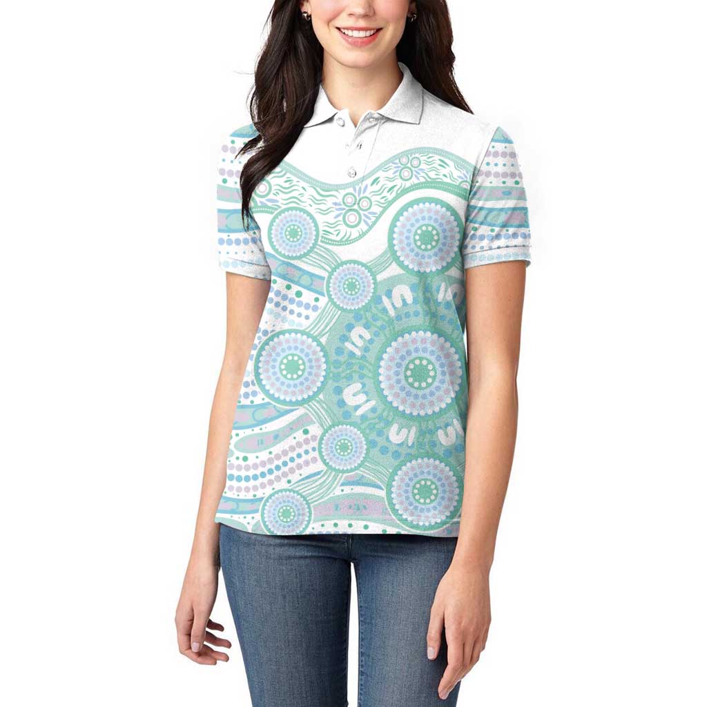 Australian Indigenous Aboriginal Art Women Polo Shirt Vivid Pastel Teal Green