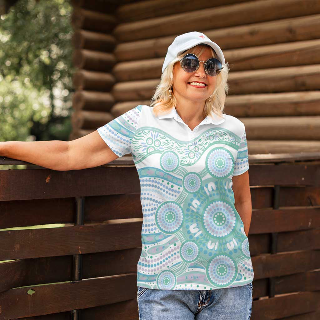 Australian Indigenous Aboriginal Art Women Polo Shirt Vivid Pastel Teal Green
