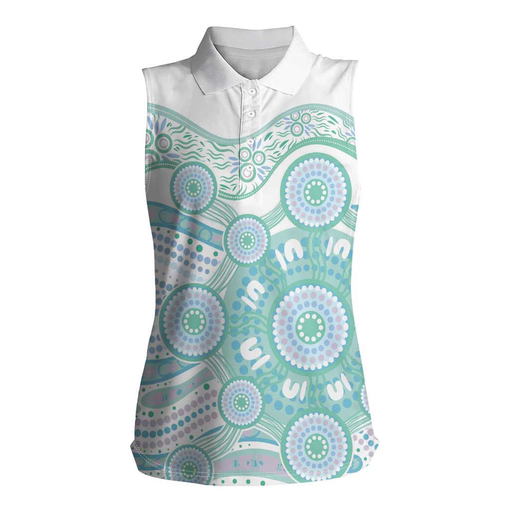 Australian Indigenous Aboriginal Art Women Sleeveless Polo Shirt Vivid Pastel Teal Green