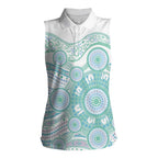 Australian Indigenous Aboriginal Art Women Sleeveless Polo Shirt Vivid Pastel Teal Green