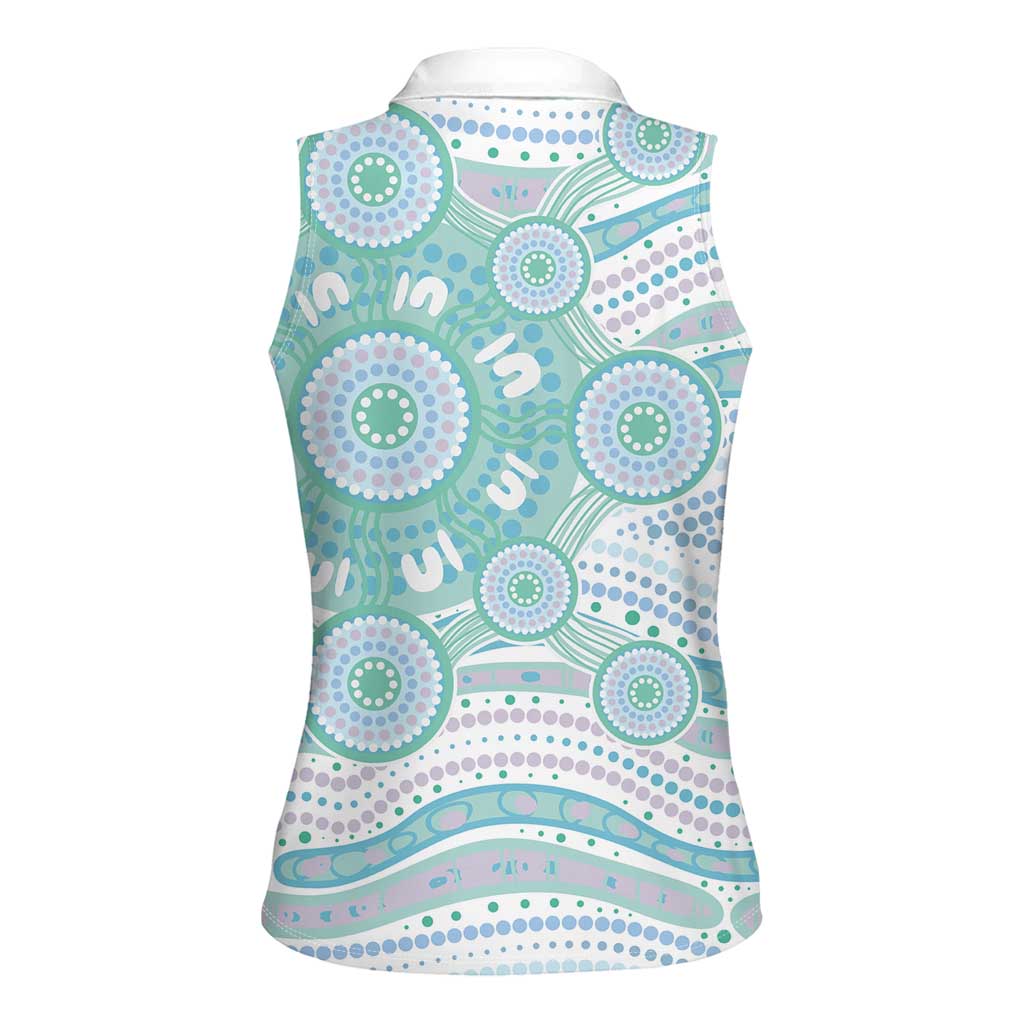 Australian Indigenous Aboriginal Art Women Sleeveless Polo Shirt Vivid Pastel Teal Green