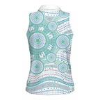 Australian Indigenous Aboriginal Art Women Sleeveless Polo Shirt Vivid Pastel Teal Green