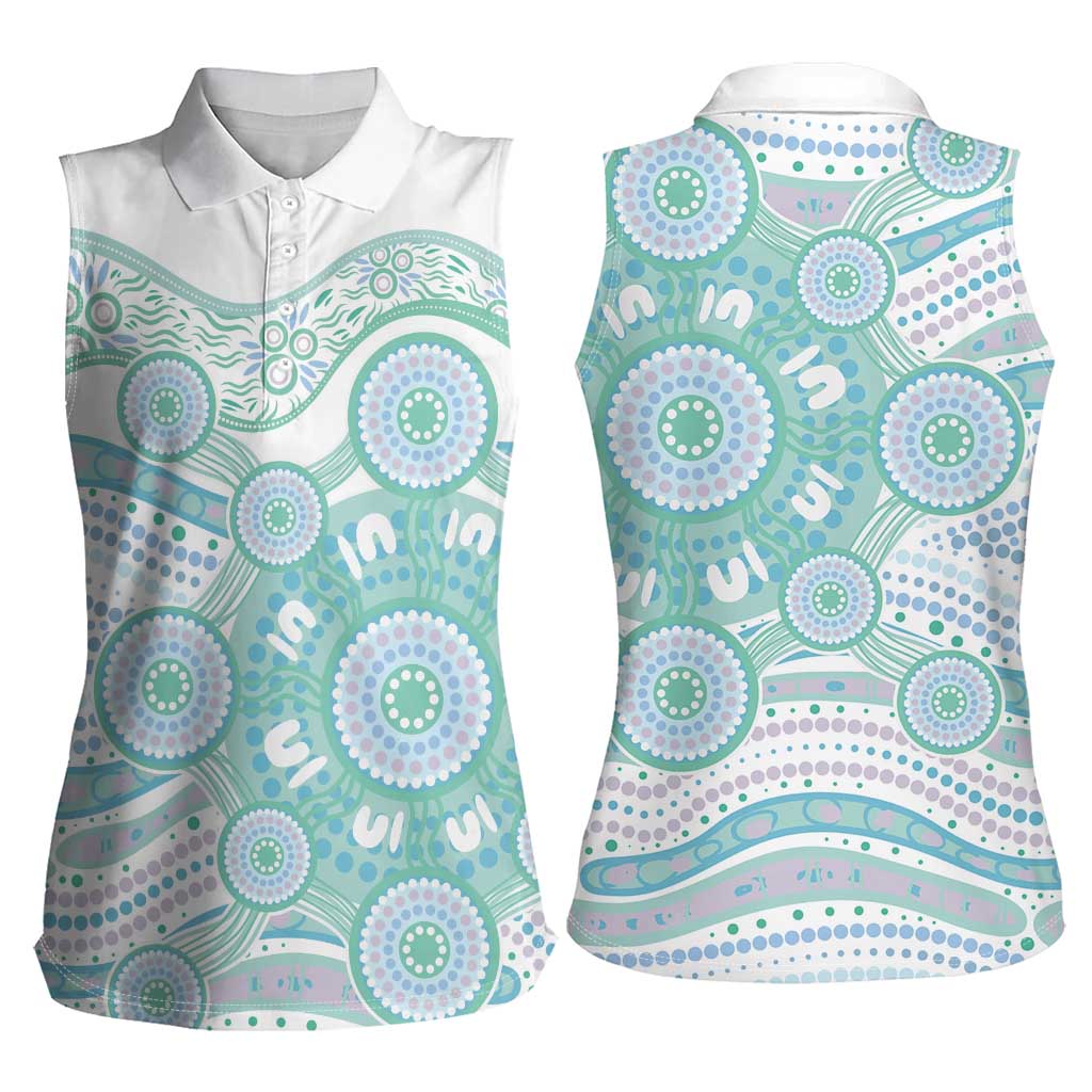 Australian Indigenous Aboriginal Art Women Sleeveless Polo Shirt Vivid Pastel Teal Green