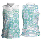 Australian Indigenous Aboriginal Art Women Sleeveless Polo Shirt Vivid Pastel Teal Green
