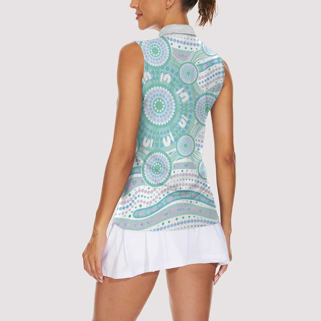 Australian Indigenous Aboriginal Art Women Sleeveless Polo Shirt Vivid Pastel Teal Green