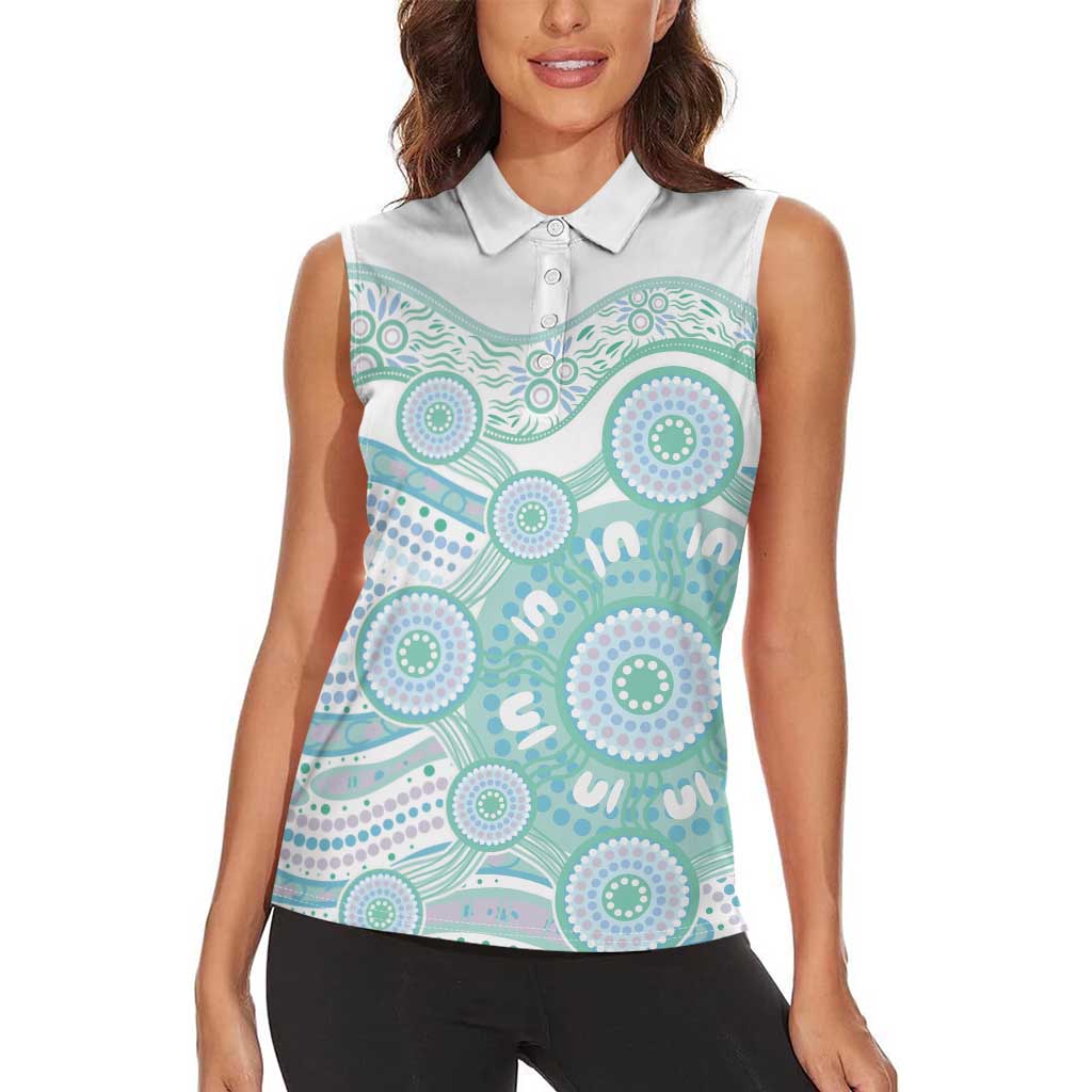 Australian Indigenous Aboriginal Art Women Sleeveless Polo Shirt Vivid Pastel Teal Green