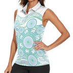 Australian Indigenous Aboriginal Art Women Sleeveless Polo Shirt Vivid Pastel Teal Green