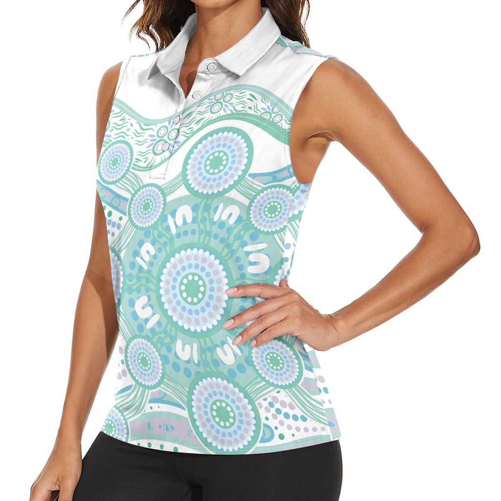 Australian Indigenous Aboriginal Art Women Sleeveless Polo Shirt Vivid Pastel Teal Green