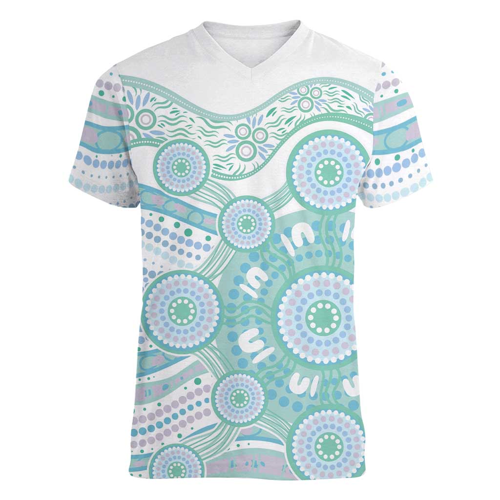 Australian Indigenous Aboriginal Art Women V-Neck T-Shirt Vivid Pastel Teal Green