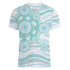 Australian Indigenous Aboriginal Art Women V-Neck T-Shirt Vivid Pastel Teal Green