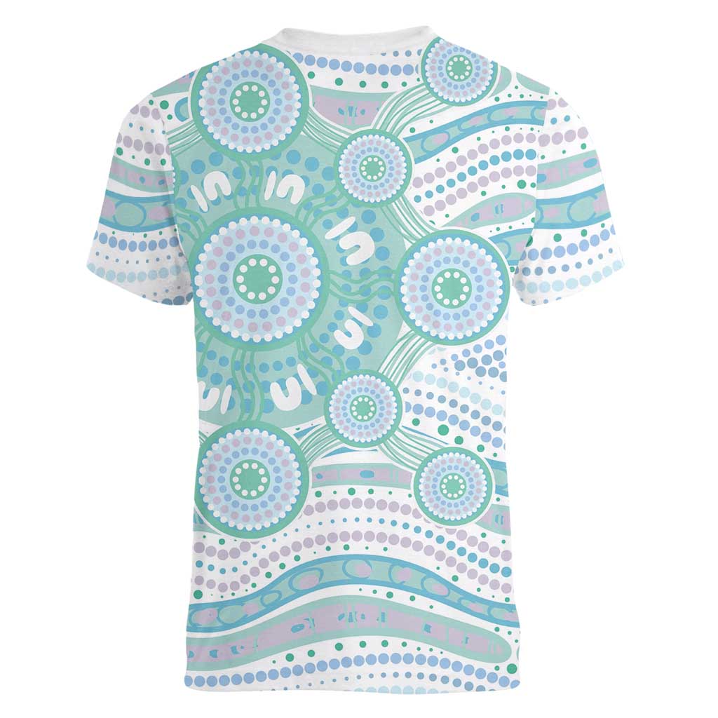 Australian Indigenous Aboriginal Art Women V-Neck T-Shirt Vivid Pastel Teal Green