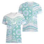 Australian Indigenous Aboriginal Art Women V-Neck T-Shirt Vivid Pastel Teal Green
