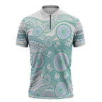 Australian Indigenous Aboriginal Art Zipper Polo Shirt Vivid Pastel Teal Green