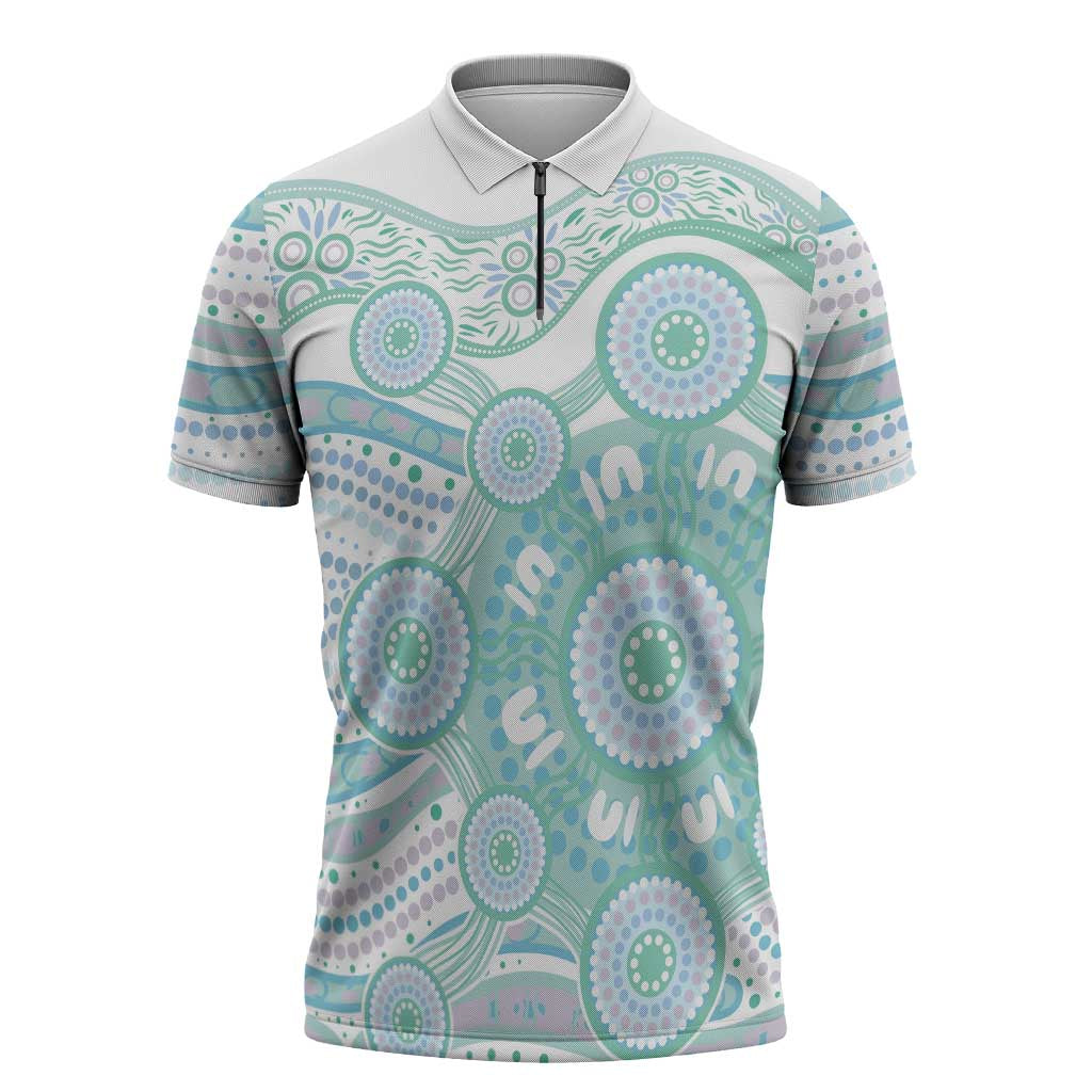 Australian Indigenous Aboriginal Art Zipper Polo Shirt Vivid Pastel Teal Green