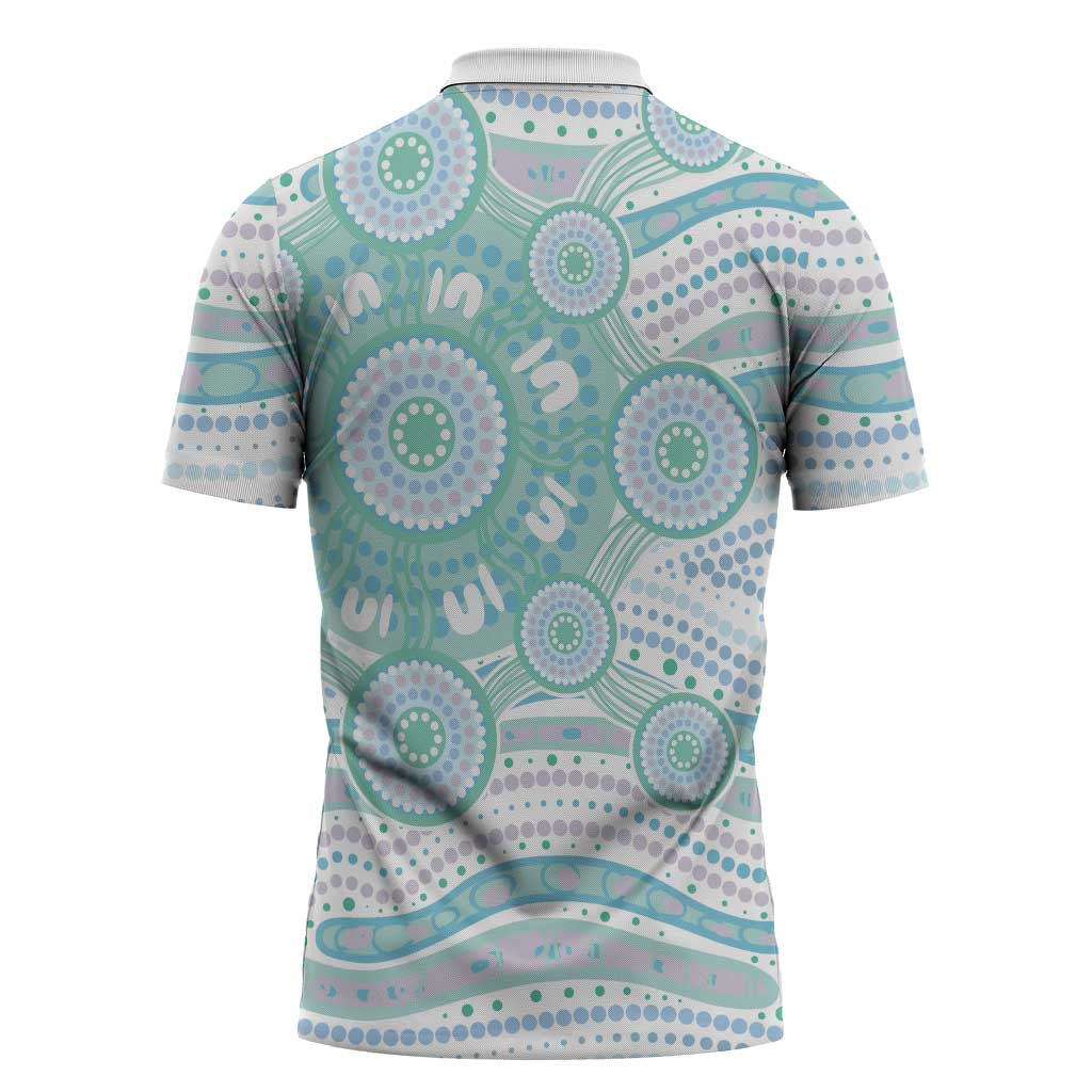 Australian Indigenous Aboriginal Art Zipper Polo Shirt Vivid Pastel Teal Green