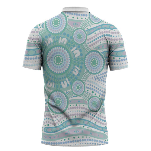 Australian Indigenous Aboriginal Art Zipper Polo Shirt Vivid Pastel Teal Green