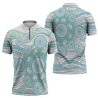 Australian Indigenous Aboriginal Art Zipper Polo Shirt Vivid Pastel Teal Green