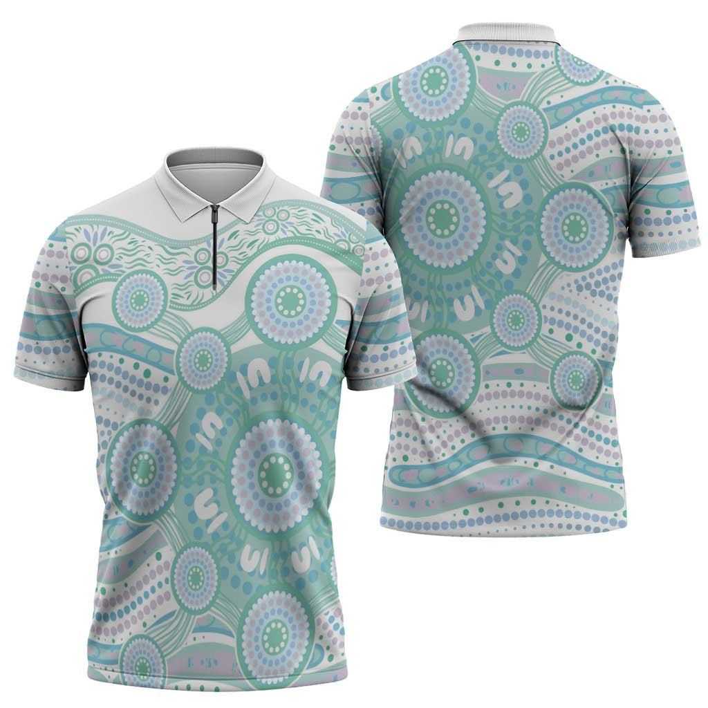 Australian Indigenous Aboriginal Art Zipper Polo Shirt Vivid Pastel Teal Green