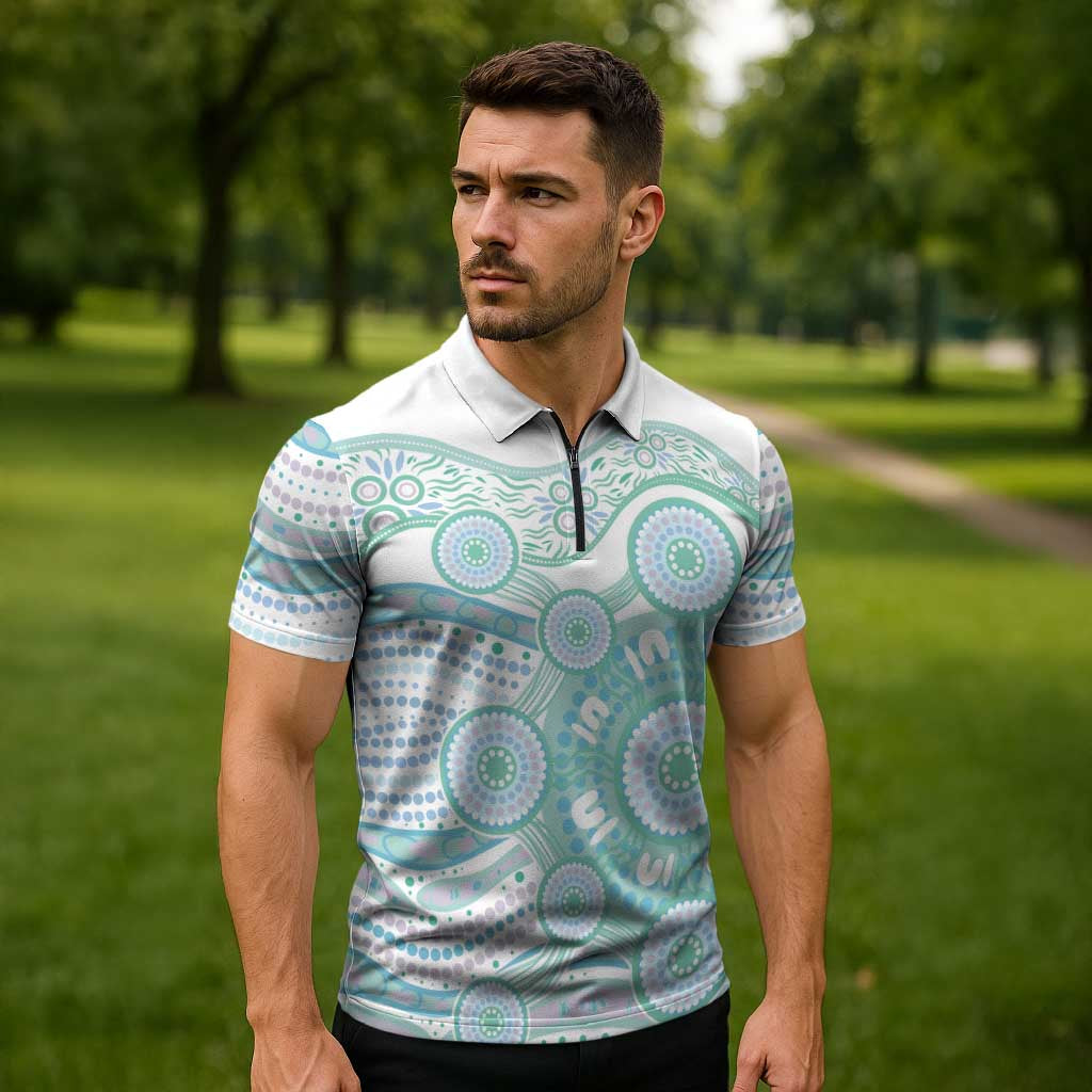 Australian Indigenous Aboriginal Art Zipper Polo Shirt Vivid Pastel Teal Green