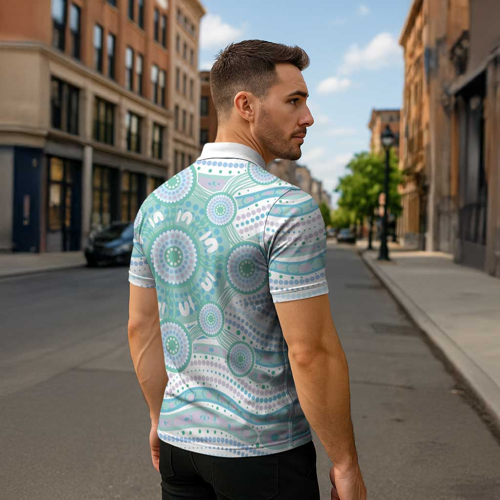 Australian Indigenous Aboriginal Art Zipper Polo Shirt Vivid Pastel Teal Green